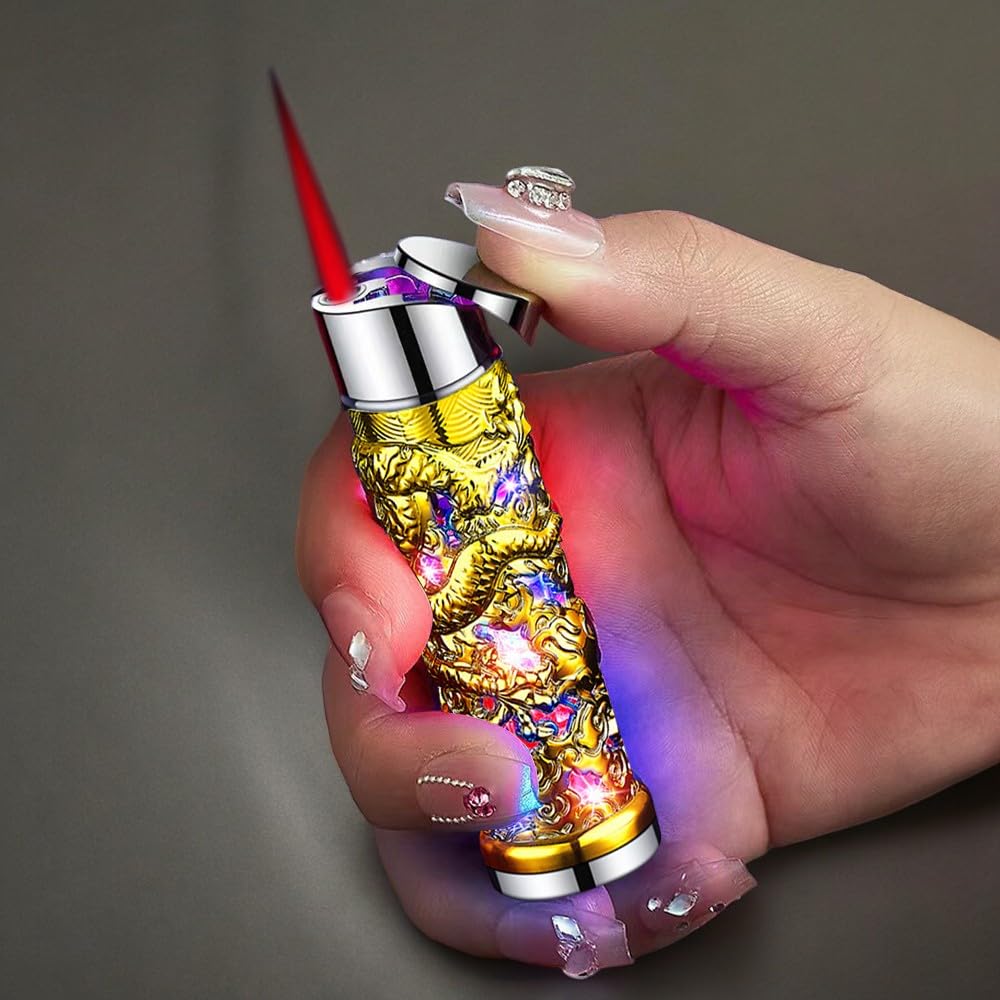 Creative Shiny Dragon Torch Lighter Windproof Lighter Jet Red Flame Butane Lighter Adjustable Butane Torch Lighter Cool Lighter Unique Mens Lighter Womens Lighter (No Gas) (Gold)