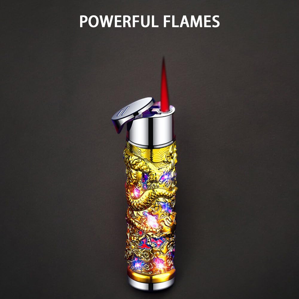 Creative Shiny Dragon Torch Lighter Windproof Lighter Jet Red Flame Butane Lighter Adjustable Butane Torch Lighter Cool Lighter Unique Mens Lighter Womens Lighter (No Gas) (Gold)