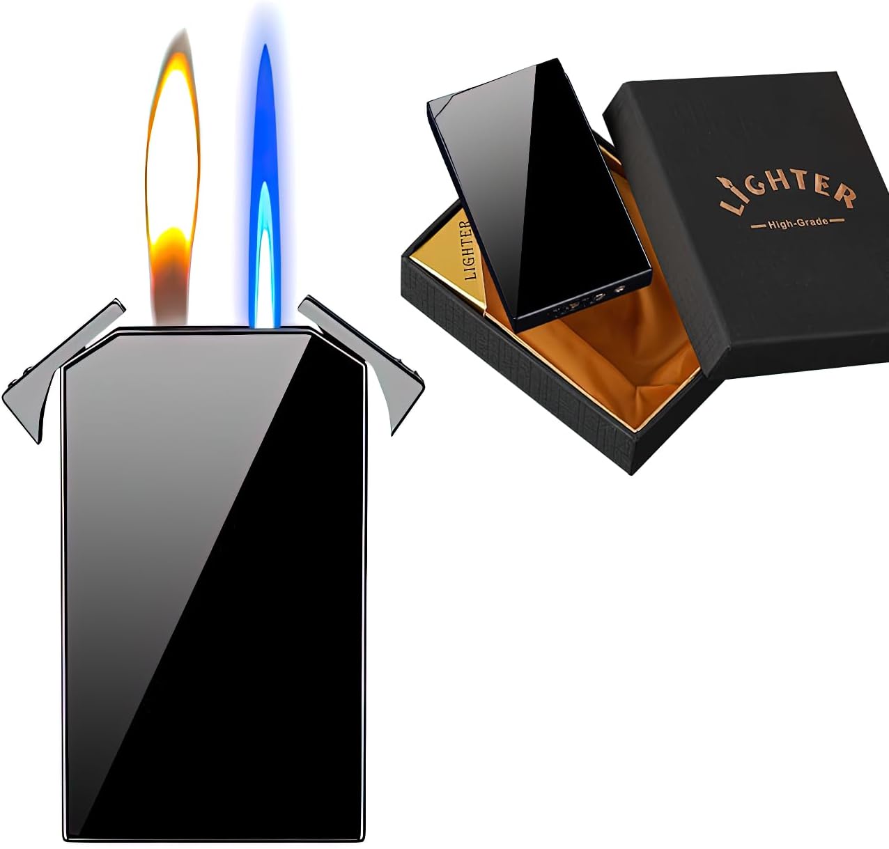 Butane Torch Lighter Fun Dual Flame Lighter Cool Jet Torch Lighter Refillable Adjustable Soft Flame and Jet Blue Flame Lighter Windproof Butane Lighter Unique Mens Lighter Gift (No Gas) (Black)