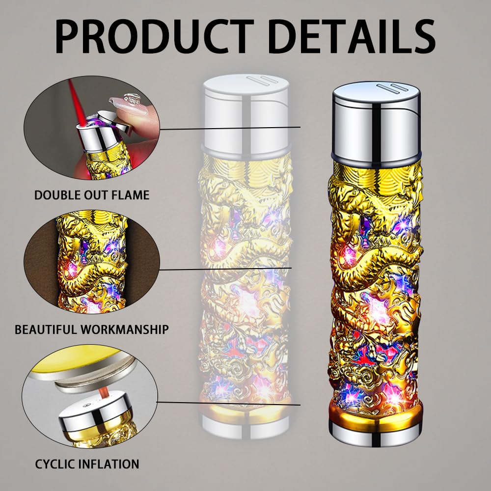 Creative Shiny Dragon Torch Lighter Windproof Lighter Jet Red Flame Butane Lighter Adjustable Butane Torch Lighter Cool Lighter Unique Mens Lighter Womens Lighter (No Gas) (Gold)