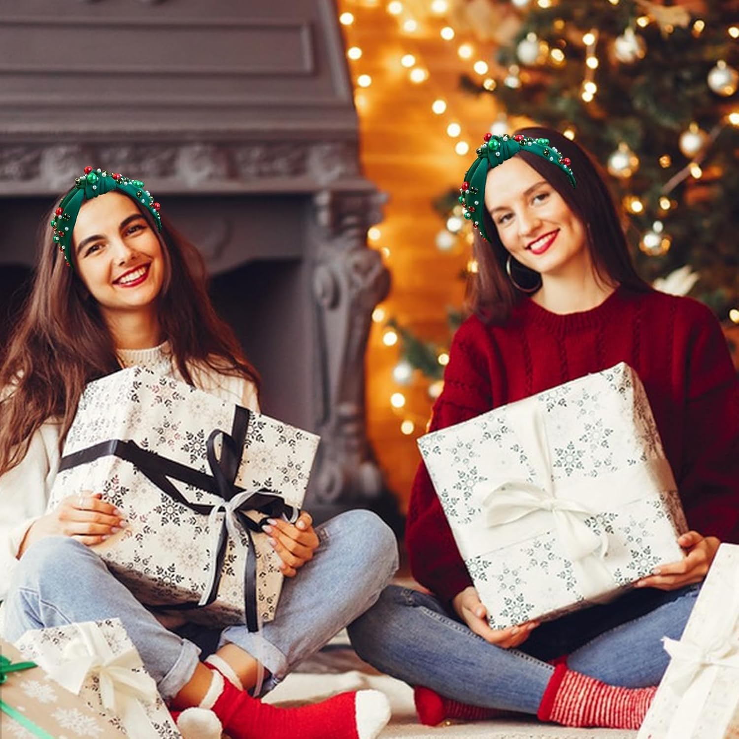 Christmas Headbands for Women Christmas Hair Accessories Christmas Outfits Christmas Knotted Headbands with Pearls Rhinestones Holiday Head Band for Women’s Hair Festive Headpieces Christmas Gifts