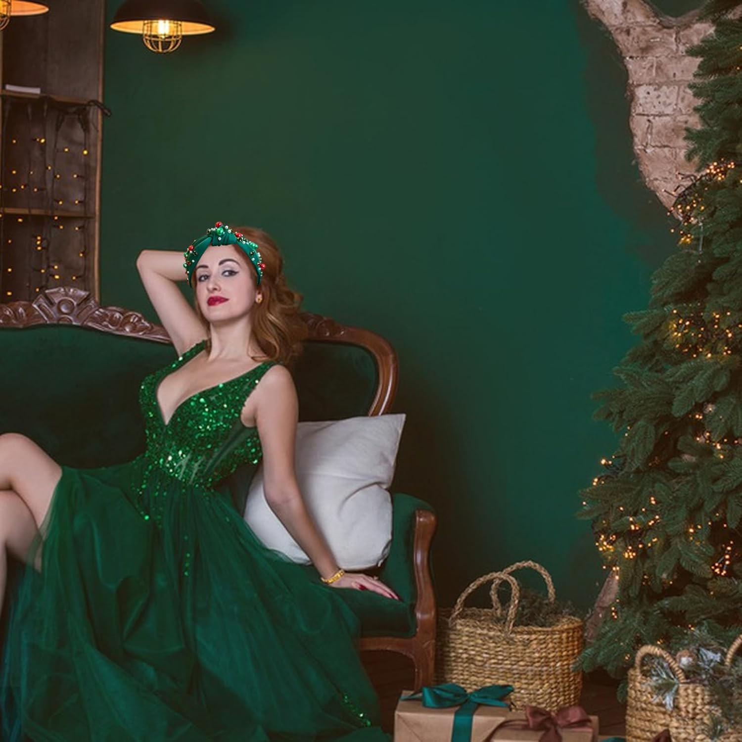 Christmas Headbands for Women Christmas Hair Accessories Christmas Outfits Christmas Knotted Headbands with Pearls Rhinestones Holiday Head Band for Women’s Hair Festive Headpieces Christmas Gifts